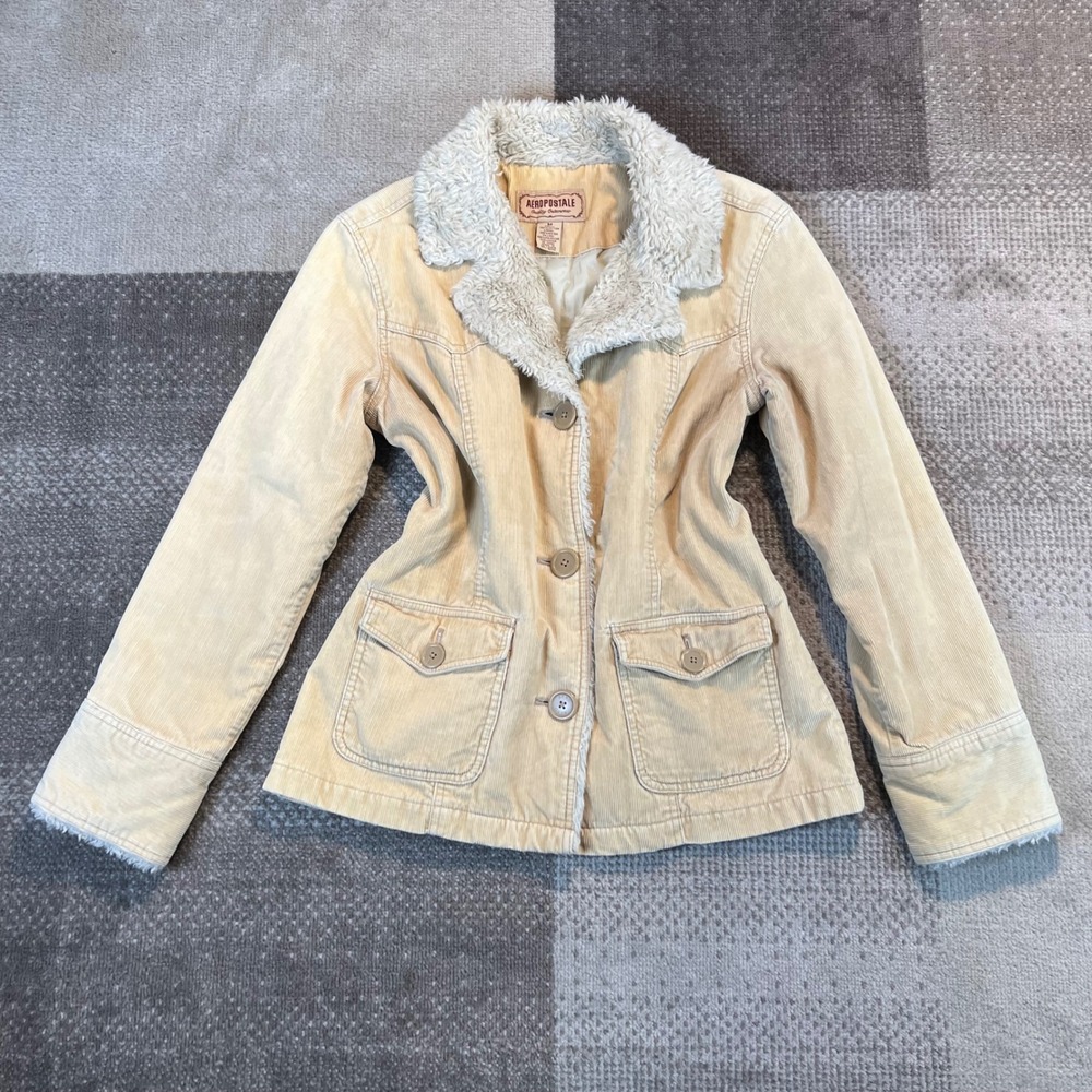 Y2K Aeropostale Womens Tan Corduroy Sherpa Collar Jacket Tan Size M